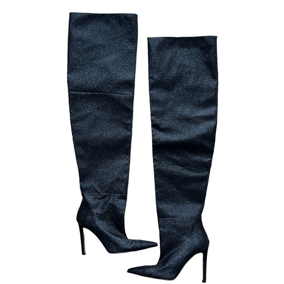 Good American NEW‎ Slouch Over the Knee Black Glitter Stiletto Heel Boots 7 - Picture 5 of 13